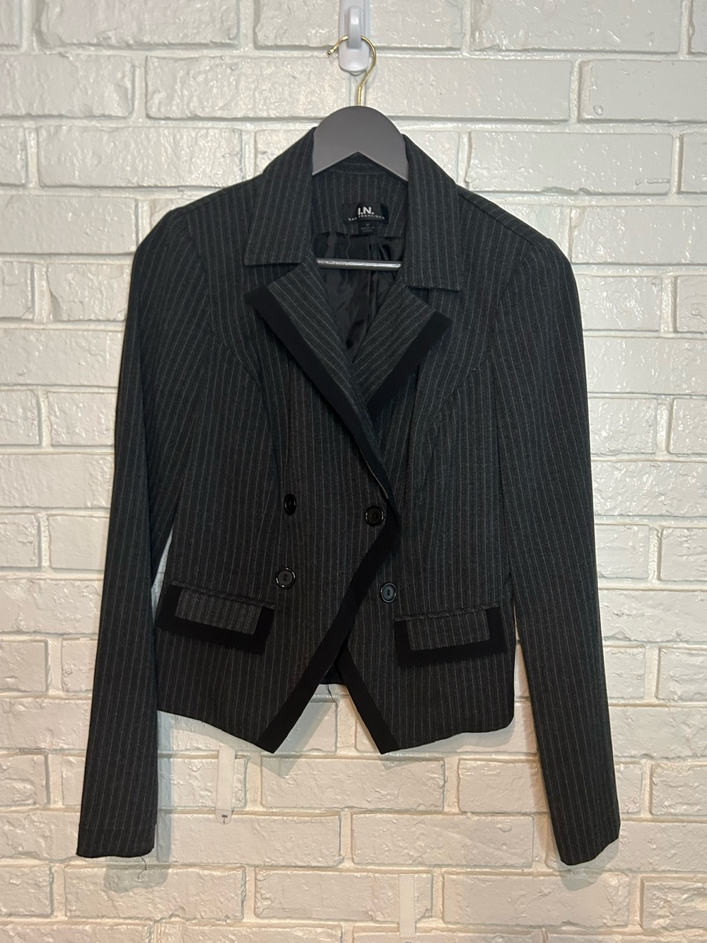 I.N. San Francisco Black Pinstripe Double-Breasted Blazer